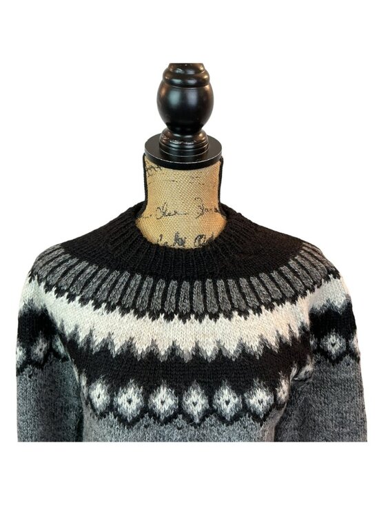 Handmade Milagros Imports Alpaca Wool Sweater Nordic Pattern Black/Grey/White Wo - Picture 7 of 15